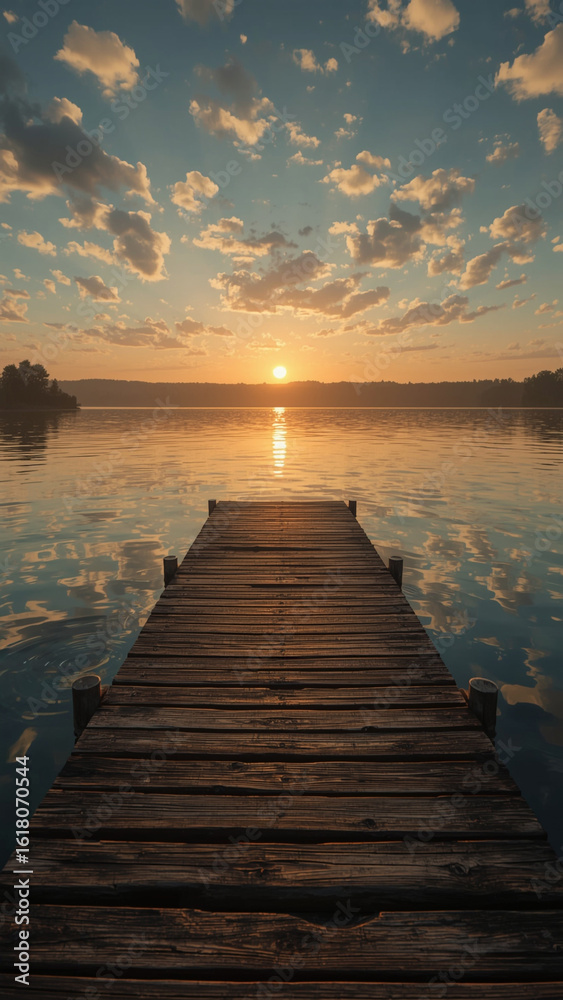 Obraz premium AI image of a rustic wooden dock stretches into a calm, glass-like lake reflecting the golden hues of the sunset