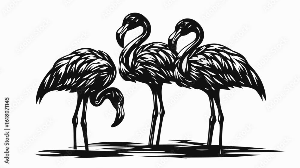 Obraz premium Three flamingos standing together in a monochrome illustration with detailed feather patterns shown well silhouette