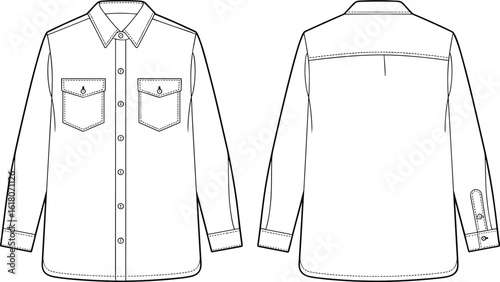 Technical flat sketch of long sleeve button-up shirt with collar, front pockets, back yoke, fashion design vector illustration template