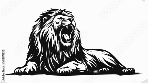 Illustration of a roaring lion lying down with a detailed mane in black and white vector format image silhouette