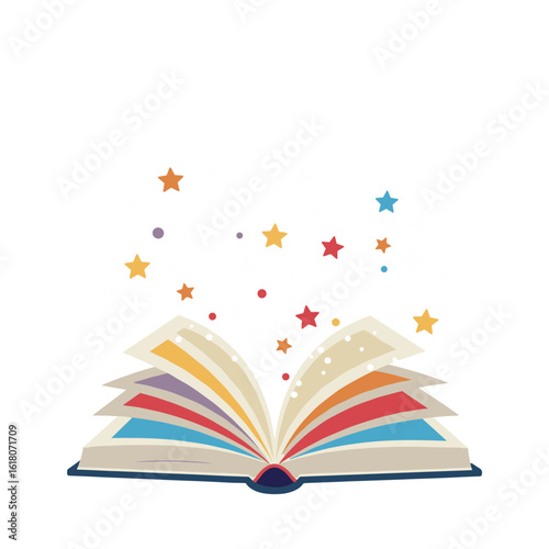 Open book with colorful pages and stars floating above it  on transparent background