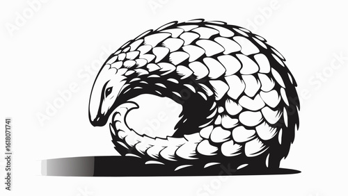 Illustration of a pangolin curled up with overlapping scales in black and white monochrome design style silhouette