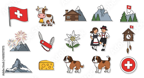 A collection of vibrant vector illustrations showcases iconic Swiss symbols, including the flag, cow, mountains, traditional attire, and other cultural elements, perfect for travel and tourism