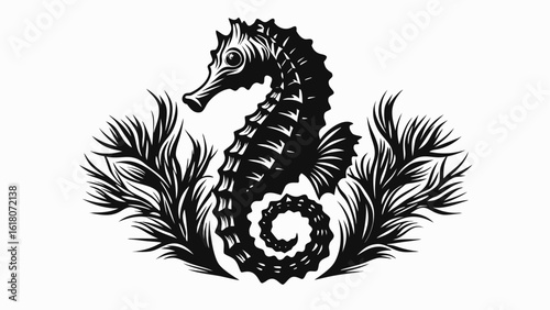 Stylized black and white seahorse illustration surrounded by seaweed in a graphic design format silhouette