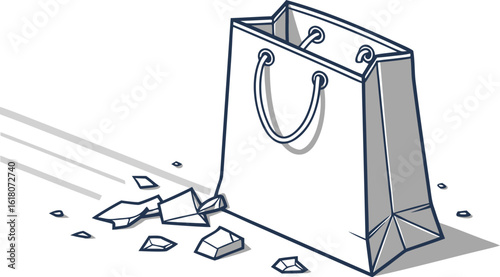 Illustration of a shopping bag with handles and broken pieces scattered around it on a white background