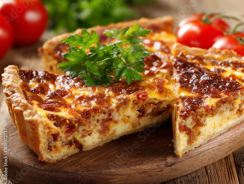 Delicious homemade quiche with minced meat, tomatoes and cheese being cut on a wooden board