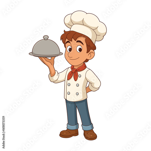 Cartoon Chef holding a silver domed platter, ready to serve delicious food.