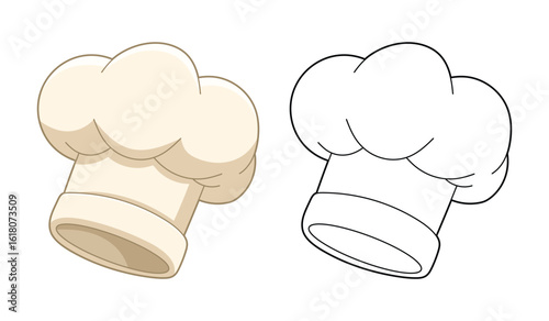 Illustration featuring a cartoon chef's hat, one in color and one in outline.