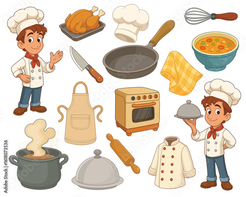 Cartoon Chefs with Culinary Items: Illustration of Cooking and Kitchen Tools