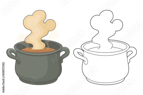 Steaming pot of food: Colorful cartoon rendering and line art illustration.