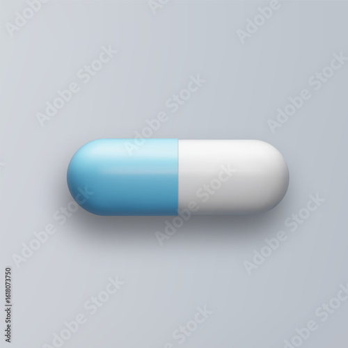 3d pill white blue tablet isolated on gray background. Realistic vector medicament illustration