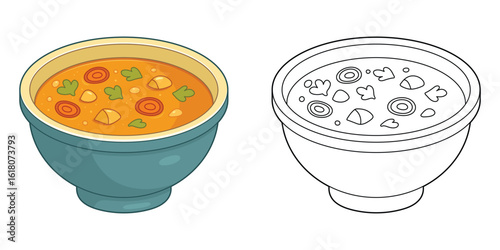 Bowl of Soup with vegetables, illustration, cartoon food with outline bowl