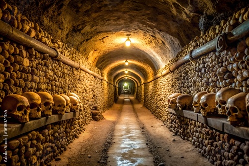 A long, dark tunnel lined with human skulls and bones in an ancient catacomb