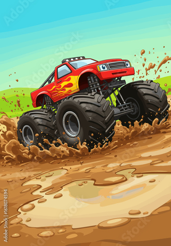 Red monster truck splashing through muddy terrain in outdoor landscape  