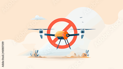 Drone with no-fly symbol on soft pastel background  