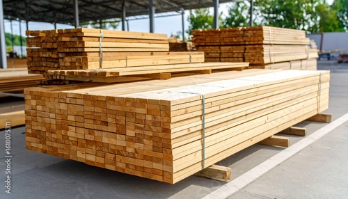 Stacks of freshly cut wooden boards and lumber planks piled neatly at an industrial sawmill warehouse
