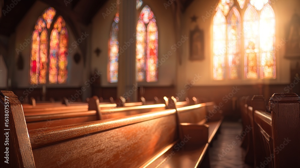 Fototapeta premium Serene church interior bathed in warm light through stained glass, evoking tranquility.