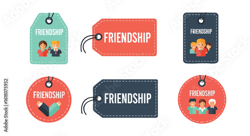 A collection of colorful friendship-themed gift tags, featuring diverse illustrations of people and symbolic gestures, perfect for expressing camaraderie and appreciation in various social contexts.