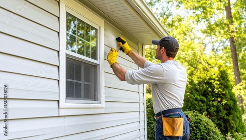 A professional handyman in yellow gloves meticulously cleaning stubborn mold from the vinyl siding on an exterior house wall.