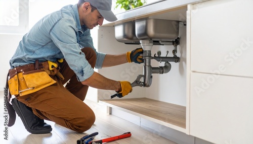 A professional technician plumber making a sink repair, using a wrench to fix the water pipes under a modern kitchen cabinet.