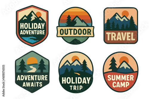 A collection of vintage-style outdoor adventure badges featuring mountains, trees, and sun imagery, perfect for travel, camping, and holiday-themed designs on various products.