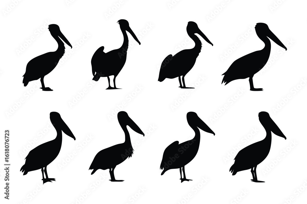 Obraz premium Pelican Silhouettes: Eight elegant silhouettes of a pelican, the sleek forms showcasing the grace of these aquatic birds in various poses, offering a graphic display of their unique shape.