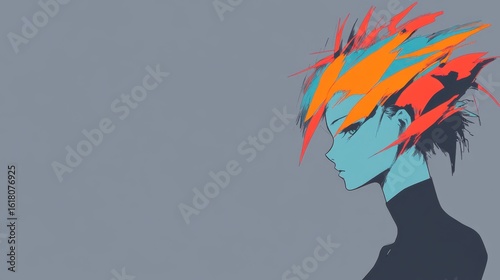 Vibrant stylized anime girl profile with bold color accents.