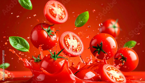 Dynamic fresh tomatoes and basil splashing into tomato juice against a red background