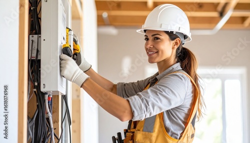 A female electrician at work wearing safety equipment while installing a residential electrical system in a new home.