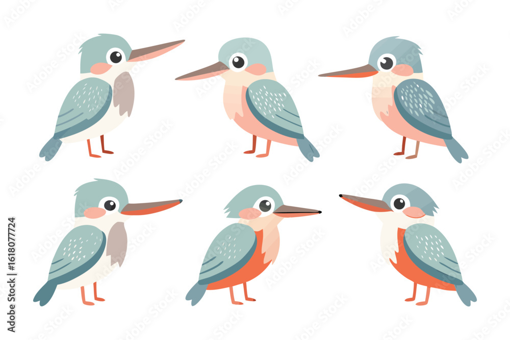 Obraz premium Kingfisher illustration in six style : A charming illustration showcasing a collection of six adorable kingfisher birds, each uniquely posed and colored, radiating a sense of playfulness and charm.
