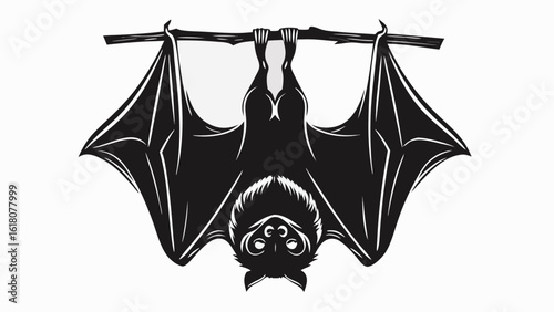 Silhouette of a bat hanging upside down from a branch with its wings spread in a symmetrical design