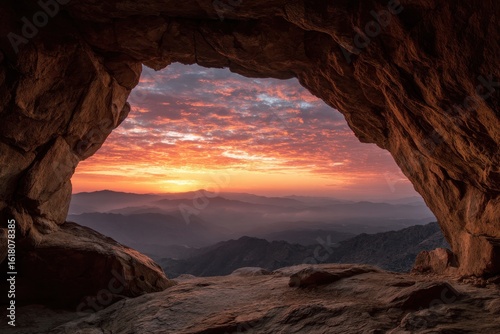 Cave entrance framing a majestic mountain sunrise