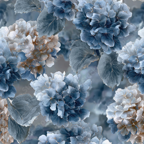A lush and romantic seamless floral pattern of dusty blue hydrangea flowers, creating an elegant and painterly vintage background for fabric, wallpaper, or textiles.
