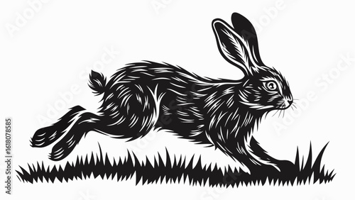 Silhouette of a running hare in black and white with detailed fur texture and grass at the bottom