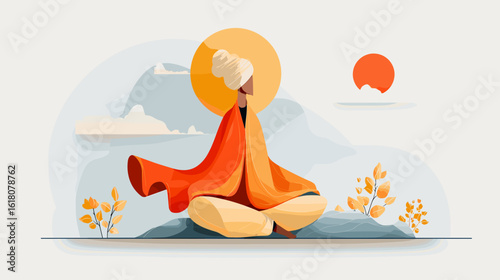 Person meditating in colorful robes with mountain background  