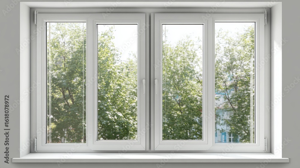 Obraz premium Bright, modern interior window showcasing lush greenery outside on a sunny day.