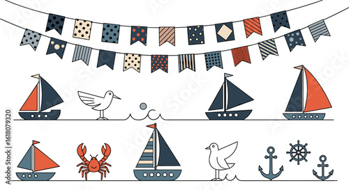 Nautical maritime theme celebration party decorations with boats seagulls and anchors