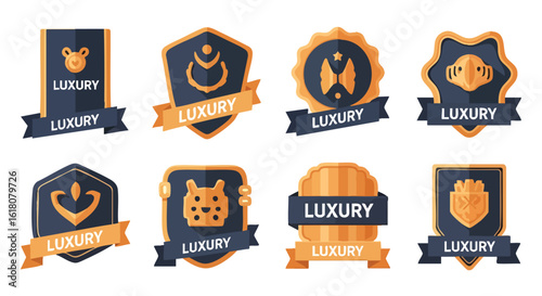 A collection of elegant and sophisticated luxury badges, featuring various shapes and designs with gold accents and dark blue backgrounds, suitable for branding and promotional materials.
