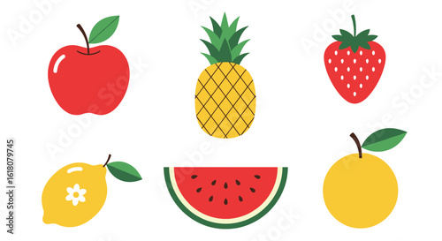 An assortment of fresh fruits including apple pineapple strawberry lemon watermelon orange
