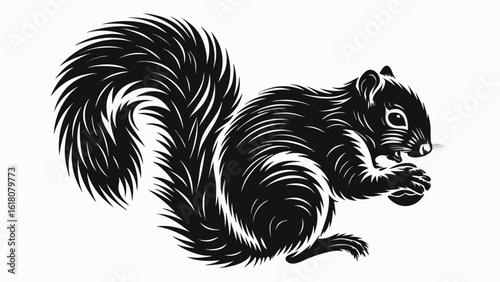 Illustration of a squirrel in black and white eating a nut with a bushy tail and detailed fur design silhouette