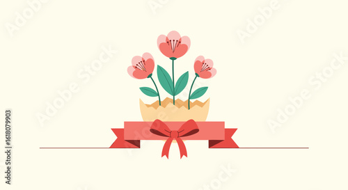 A beautiful spring bouquet featuring lovely pink tulips in a rustic pot with a red ribbon banner below it on a light yellow background