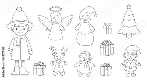 Festive christmas characters and gifts black and white outline drawings for holiday crafts