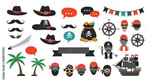Collection of pixel art elements featuring pirates treasure ships and nautical gear for adventure games