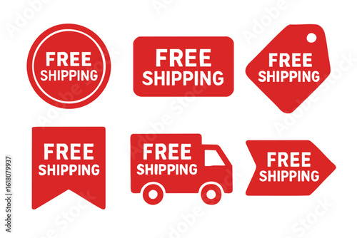 A collection of red 'Free Shipping' icons and illustrations, including a circle, rectangle, tag, banner, truck, and arrow, suitable for e-commerce and retail promotions.