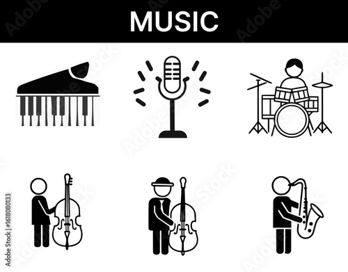 Set of music icons including piano, microphone, drums, double bass, and saxophone, flat design, copy space