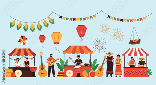 Vibrant outdoor marketplace with musicians and festive decorations