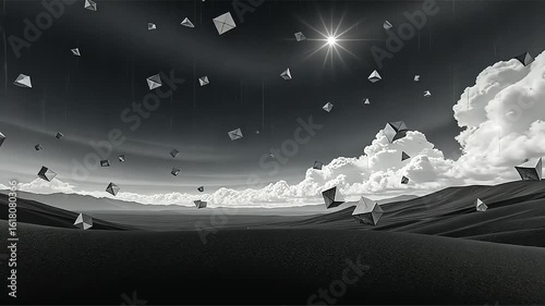 Surreal Black and White Landscape with Geometric Shapes and Cloudy Sky