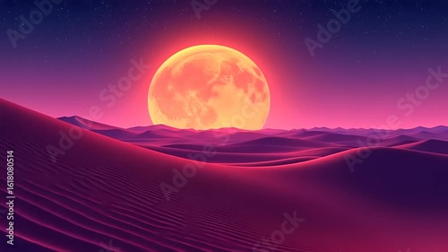 Surreal Desert Landscape with a Glowing Moon and Starry Night Backdrop