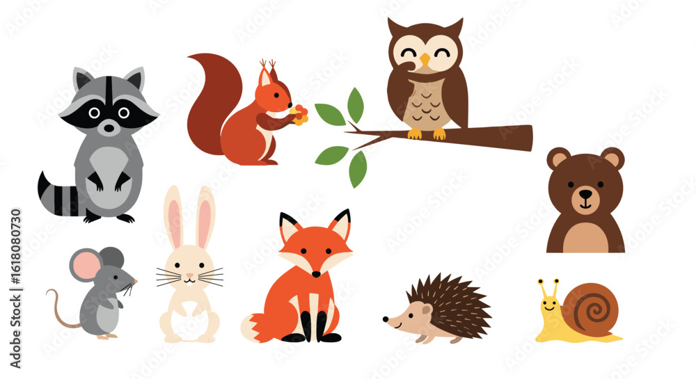 Fototapeta premium Cute woodland forest animals collection nature wildlife creatures art