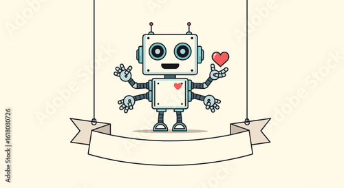 A friendly robot offering a heart symbol with an empty banner for text